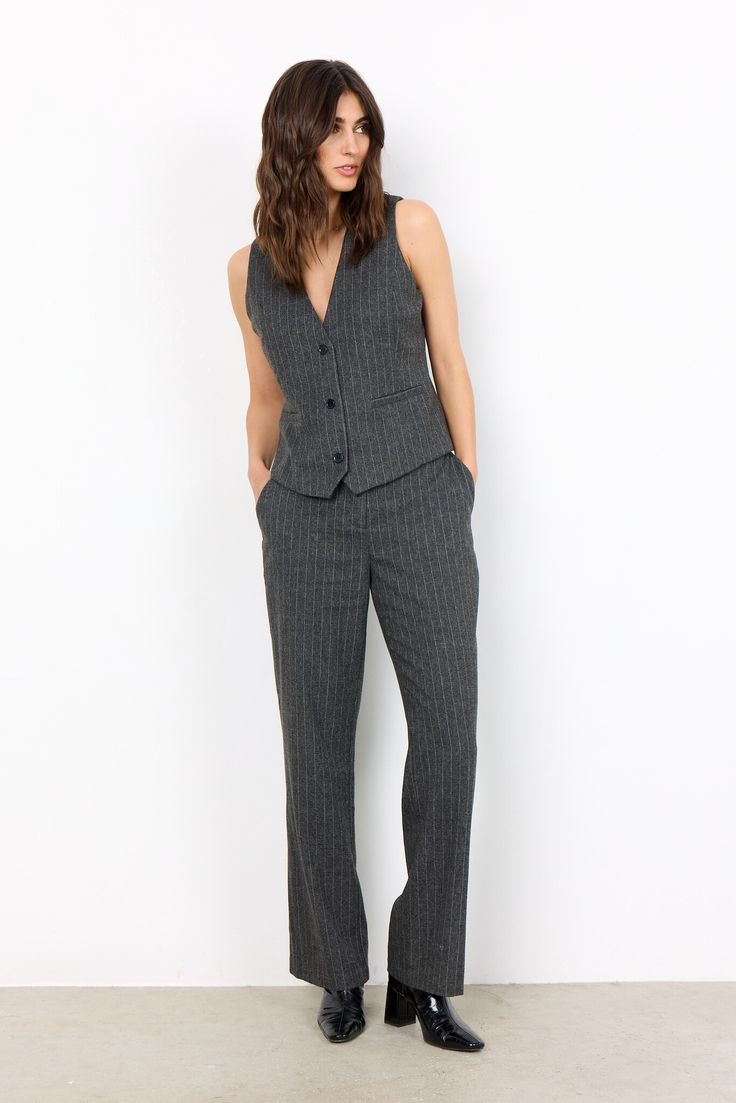 Victoria grey pinstripe waistcoat from Soya Concept. Complete the set with matching tailored trousers or dress it up with a slip skirt. Classic Gray Vest For Work, Elegant Tailored Pinstripe Vest, Elegant Pinstripe Vest For Formal Occasions, Chic Pinstripe Suits For Office, Elegant Pinstripe Business Vest, Pinstripe Vest For Work, Fitted Gray Vest For Workwear, Chic Fitted Pinstripe Vest, Spring Workwear Vest With Vertical Stripes