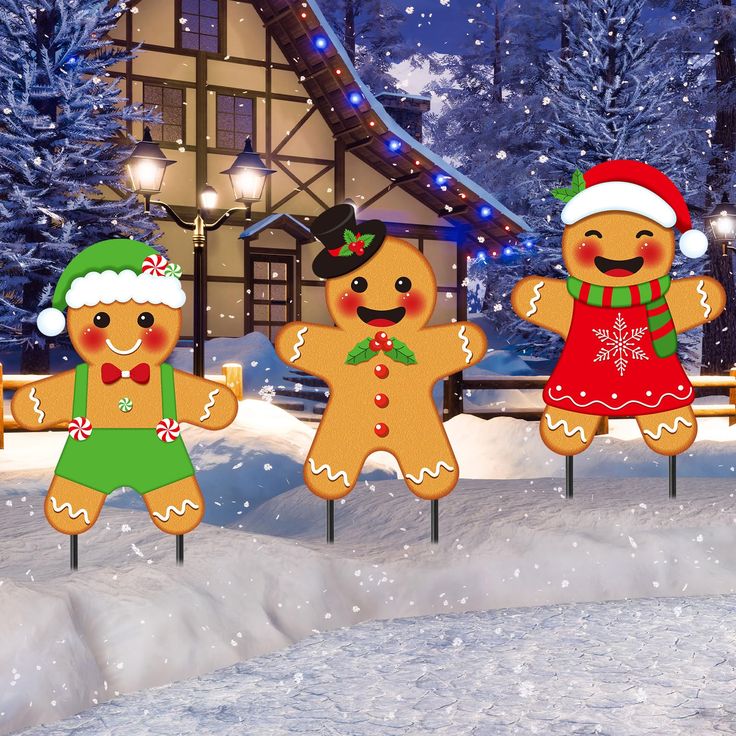 three gingerbread men are standing in front of a snow - covered house with christmas lights