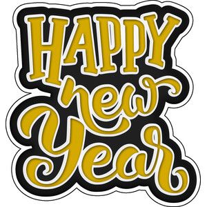 a happy new year sticker with the words happy new year in yellow and black