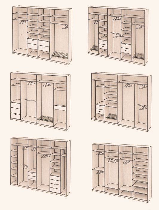 four drawings of closets with drawers and shelves in them, each containing different items