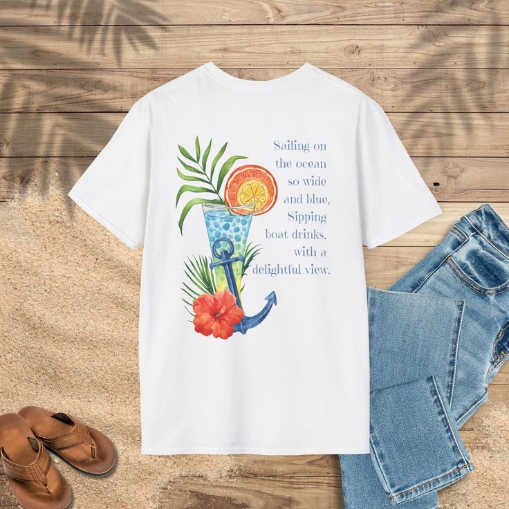 "Sailing on the ocean so wide and blue, sipping boat drinks, with a delightful view." Discover the unique charm of our Slack Tide Collection tees, where every t-shirt is a blend of adventure, design, and quality. Inspired by my travels to breathtaking islands, each design captures the essence of wanderlust and the beauty of tropical landscapes. Our collection offers comfortable, stylish, and durable t-shirts that are perfect for any travel enthusiast. Whether you're exploring new destinations or reminiscing about past journeys, the Slack Tide Collection brings a touch of the islands to your everyday life. Shop our travel-themed t-shirts today and wear your passion for adventure proudly. Join our community of explorers and elevate your travel wardrobe with our Slack Tide Collection tees! ♥ Summer Boating T-shirt With Crew Neck, Summer Crew Neck T-shirt For Boating, Summer Boating T-shirt With Short Sleeves, Nautical Style Summer T-shirt With Letter Print, Nautical Style Letter Print T-shirt For Summer, Nautical Letter Print T-shirt For Summer, Summer Short Sleeve T-shirt For Boating, Boat Drinks, Tropical Landscapes