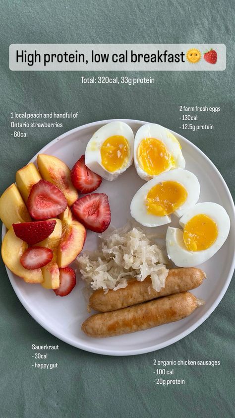 a white plate topped with eggs, fruit and sausage