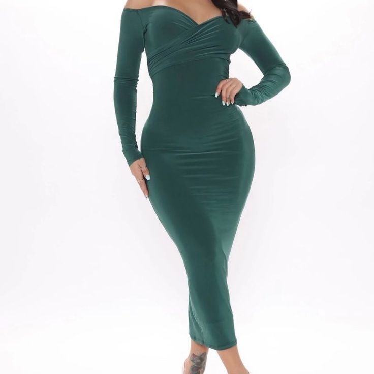 Green Dress Green Off-shoulder Midi Dress For Date Night, Green Maxi Dress For Date Night, Green Stretch Dress For Date Night, Spring Off-shoulder Midi Dress For Going Out, Off-shoulder Fall Dress For Going Out, Off-shoulder Dress For Going Out In Fall, Green Off-shoulder Maxi Dress For Night Out, Elegant Green Bodycon Dress For Going Out, Green Maxi Dress For Fall Night Out