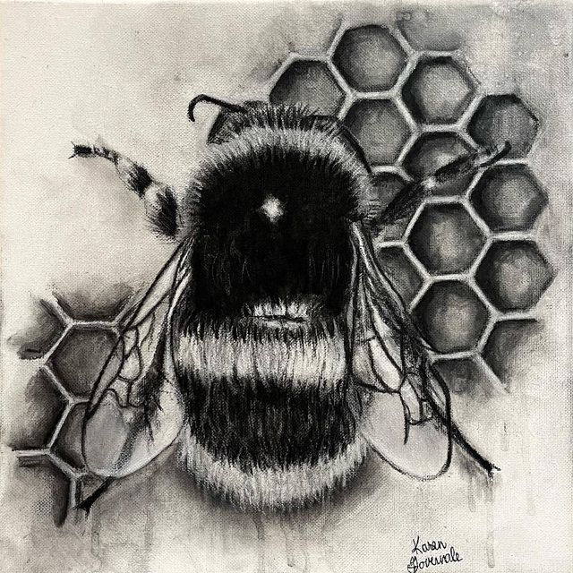 a black and white drawing of a bee with honey combs on it's back