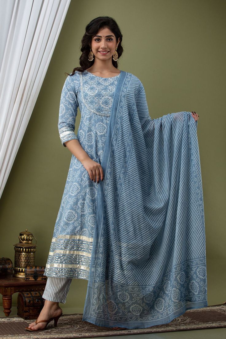 Anarkali kurta sets Kurti- cotton printed Full gheri anarkali with heavy gotta work and embroidery  Pant- cotton printed fabric  Dupatta- malmal cotton printed Size-38 to 46 Fabric : 100% Cotton Quality: 100 % Guaranteed Stitched: Yes Full Stitched Sleeve length: 3/4 sleeve Pockets: No Leg/hem length: Mid-calf Neckline: Boat Kurta style: Anarkali Fabric technique:  Embroidered Wash Care: Dry Clean Only Shipping - We use globally known Logistics for best services like Fed-Ex, DHL, India Post. It usually takes around 7 - 15 day to deliver in Standard Delivery OR 3 - 7 Day in Express. Return - We gladly accept return in light of Etsy Guidelines. Please contact us before raising a Return Request, we may be more useful in resolving your issues. Thank you so much for visiting. Have a great day a Diwali Anarkali Set In Mulmul With Printed Motifs, Diwali Mulmul Anarkali Set With Printed Motifs, Eid Ankle-length Sets With Printed Motifs, Ankle-length Sets With Printed Motifs For Eid, Diwali Anarkali Kurta With Printed Motifs, Transitional Season Fitted Mulmul Anarkali Set, Designer Cambric Anarkali Set With Printed Motifs, Designer Wear Cambric Anarkali Set With Printed Motifs, Fitted Mulmul Anarkali Set For Navratri