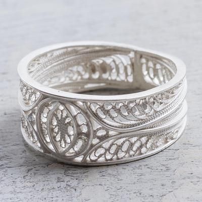 Silver filigree band ring, 'Shining Crescents' - Artisan Crafted Wide 950 Silver Filigree Band Ring from Peru Luxury Filigree Rings For Collectors, Luxury Ornate Filigree Ring As Gift, Luxury Filigree Ring For Women, Luxury Silver Filigree Ring With Exquisite Style, Luxury Handmade Filigree Ring For Formal Occasions, Luxury White Filigree Ring For Women, Luxury Unique Sterling Silver Filigree Ring, Luxury Filigree Jewelry For Weddings, Luxury Silver Filigree Ring In Exquisite Style