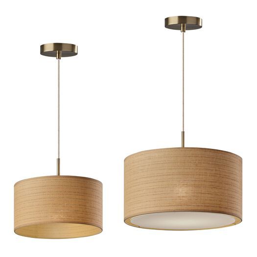 two pendant lights hanging from the ceiling, one with a beige fabric shade on it