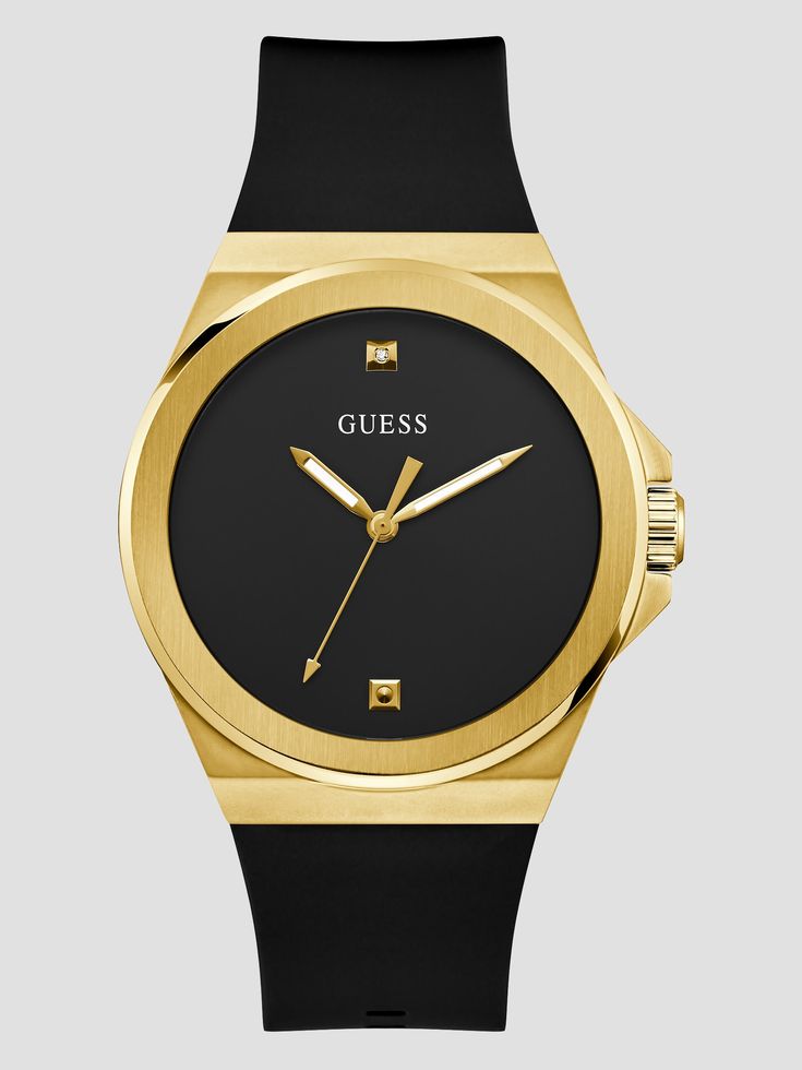 Black analog watch Polished gold-tone case Minimalist dial with crystal and stud accents Black silicon strap Case diameter in mm: 44 Water resistant up to 30m/ 98 ft 2 year limited warranty Analog Watch, Black Watch, Outfits Casuales, Gold Watch, Accessories Watches, Women's Accessories, Two Tone, Gold Tones, Water Resistant