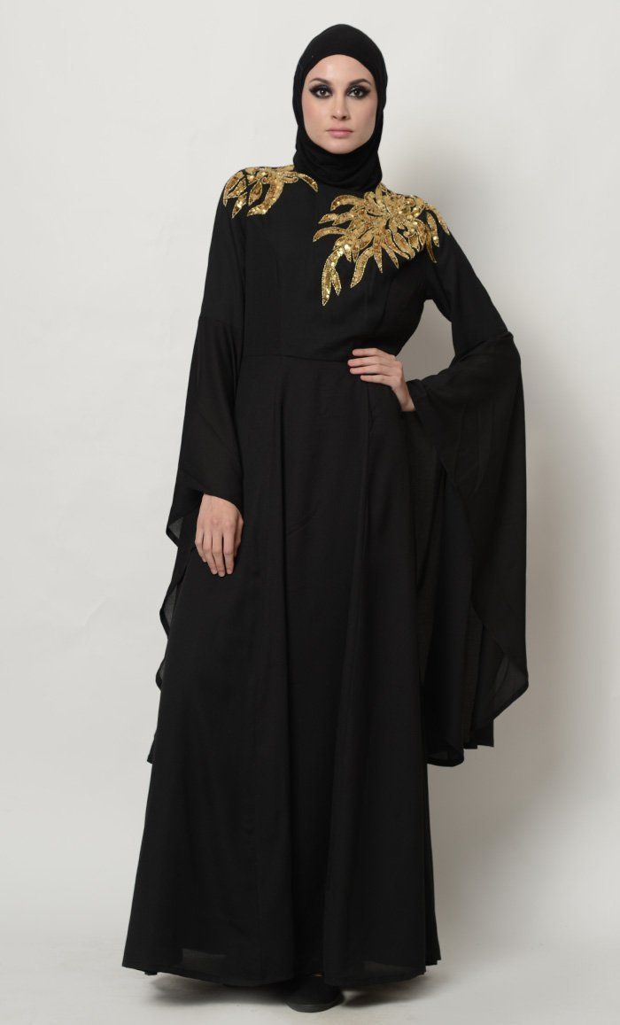 Sequins And Beads Embellished Trumpet Sleeves Abaya Dress - EastEssence.com Embellished Abaya For Eid, Eid Long Georgette Abaya, Long Georgette Abaya For Eid, Floor-length Abaya For Festive Parties, Long Sleeve Abaya With Dabka Work For Evening, Evening Abaya With Dabka Work And Long Sleeves, Festive Floor-length Abaya For Party, Party Long Sleeve Chiffon Abaya, Festive Long Sleeve Embellished Abaya