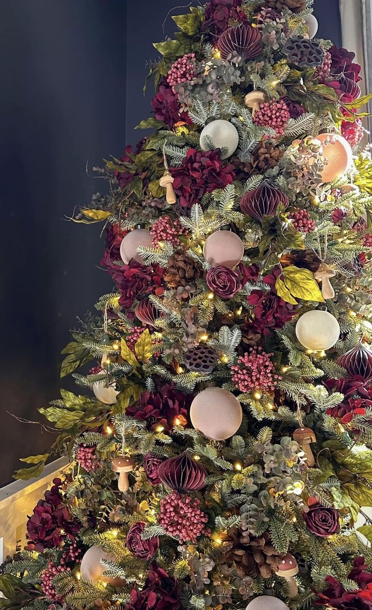 a christmas tree decorated with ornaments and lights