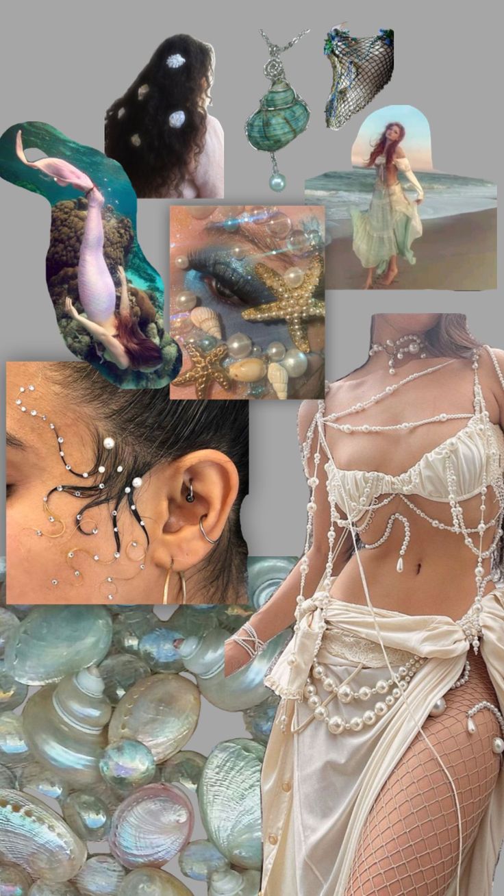 a collage of photos with mermaids, pearls and seashells on them