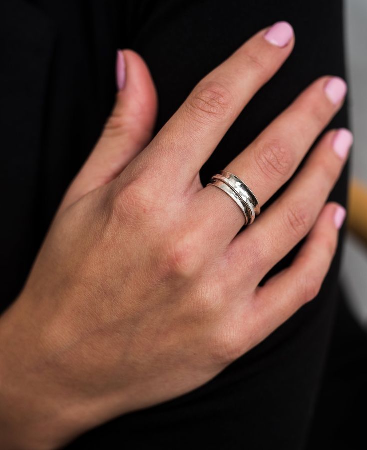 Textured and polished, this beautiful Spinner ring in solid gold or silver has an ancient world feel. This ring exudes the ethos of our small Northumberland brand aspiring to create jewellery with an eye for detail, beauty and history. A beautiful time-less piece that displays true artisan workmanship. HAMMERED GOLD SPINNER RING DETAILS Available in Sterling Silver, 9ct or 18ct Yellow Gold All raw materials/gemstones are ethically sourced. This ring will be hallmarked at the Edinburgh Assay Offi Gold Band Wedding Ring, Greek Ring, Popular Rings, Worry Ring, Spinning Rings, Ancient World, Silver Spinner Rings, Meditation Rings, Ring Ideas