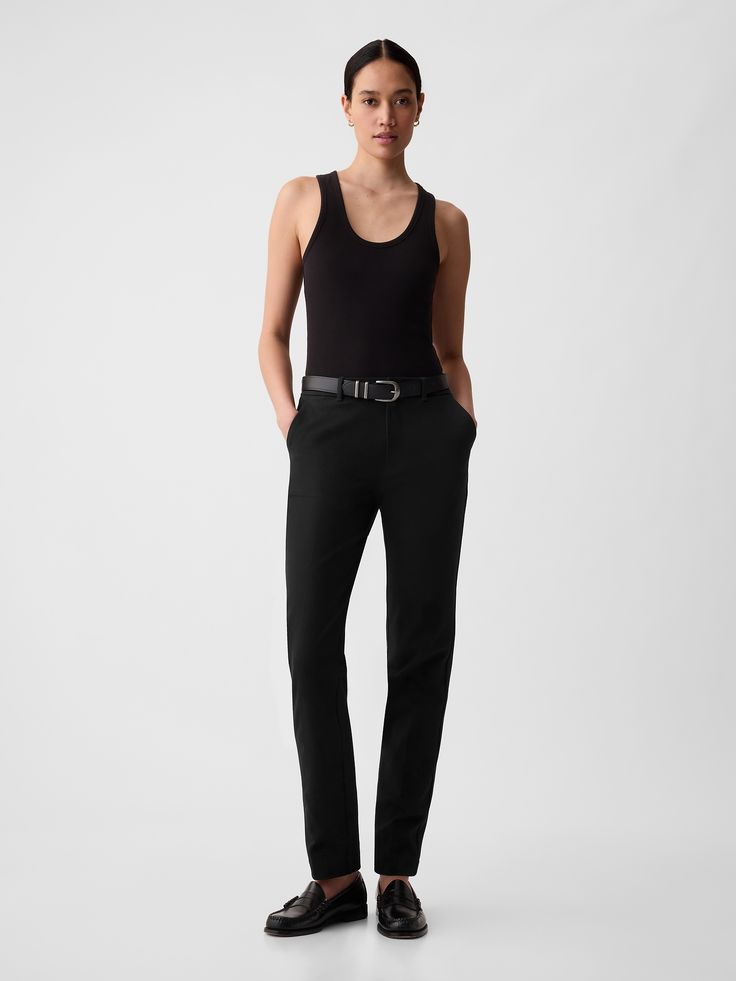 Soft cotton-spandex pants with two-way stretch.  Concealed hook and bar closure.  Zip fly.  Front slant pockets.  Back welt pockets.  Mid rise.  Sleek and straight with a slim fit.  Hits at the ankle.  Model is approx.  5’10” wearing Fitted Straight Bottoms For Workwear, Sleek Fitted Straight Bottoms, Gap Straight Hem Bottoms For Work, Gap Straight Hem Workwear Bottoms, Elegant Gap Straight Leg Bottoms, Chic Straight Pants By Gap, Straight Elastane Dress Pants For Work, Chic Gap Straight Leg Pants, Slim Fit Straight Pants