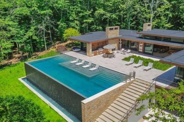 an aerial view of a house with a swimming pool in the foreground, surrounded by trees