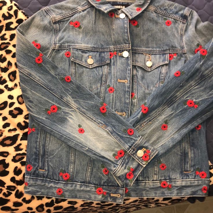 Woman Denim Jacket With Beautiful Red Flower Embroidery. Nwt Never Worn Denim Blue Long Sleeve Outerwear With Floral Embroidery, Long Sleeve Denim Blue Outerwear With Floral Embroidery, Denim Blue Floral Embroidery Long Sleeve Outerwear, Denim Blue Floral Embroidered Outerwear For Fall, Denim Blue Cotton Outerwear With Floral Embroidery, Trendy Denim Blue Outerwear With Floral Embroidery, Embroidered Red Outerwear For Spring, Red Embroidered Outerwear For Spring, Red Outerwear With Floral Embroidery For Spring