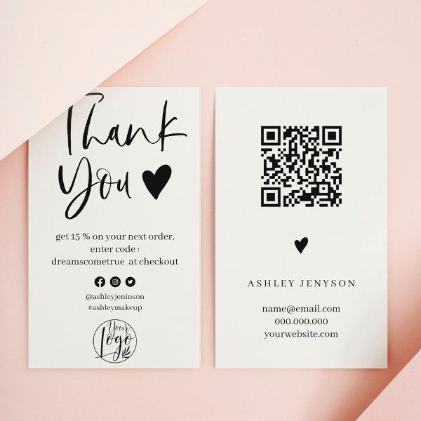 two business cards with the words thank you and qr code on them, against a pink background