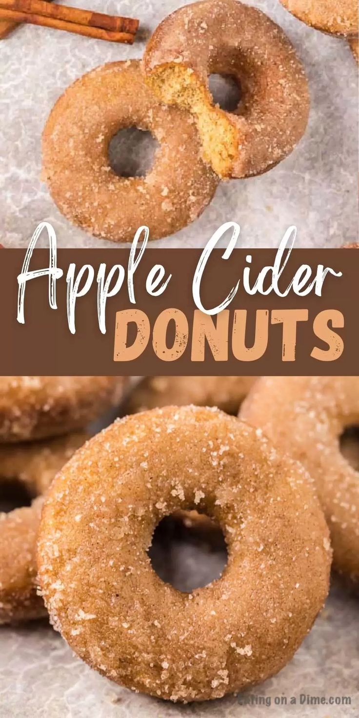 apple cider donuts with cinnamon sugar on top and an image of apples in the background