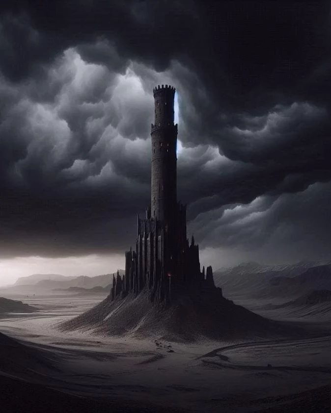 a tall tower sitting in the middle of a desert under a cloudy sky with dark clouds