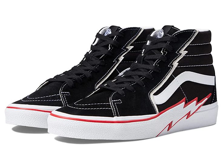 Vans Sk8-Hi Bolt - Shoes : Black/Racing Red : Level up your street style by wearing the cool and casual Vans Sk8-Hi Bolt Shoes. Leather and textile upper. Textile lining and insole. Classic lace-up closure. Thunderbolt detailing along with the eyelets and bumper. Reinforced toe caps. Supportive padded collars. Signature rubber waffle outsole with high traction and durability. Imported. Measurements: Weight: 1 lb 2 oz. Shaft: 4 ½ in. Measurements: Weight: 1 lb 2 oz Shaft: 4 1 2 in Product measure Vans Urban Sneakers With Laces, Urban Vans Sneakers With Laces, Urban Vans Sneakers, Urban Vans Lace-up Sneakers, Lace-up Canvas Shoes With Contrast Sole For Skateboarding, Vans Lace-up Canvas Shoes, Vans Lace-up Sneakers, Urban Lace-up Canvas Shoes For Streetwear, Vans High-top Sneakers With Laces