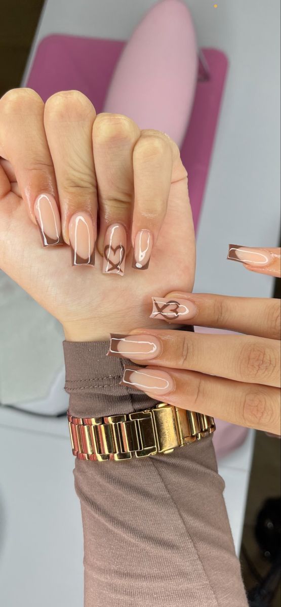 Brown French Nails, French Nails Design, Brown Acrylic Nails, Brown French, Brown Nails Design, Nails Brown, Simple Gel Nails, Girly Acrylic Nails, French Tip Acrylic Nails