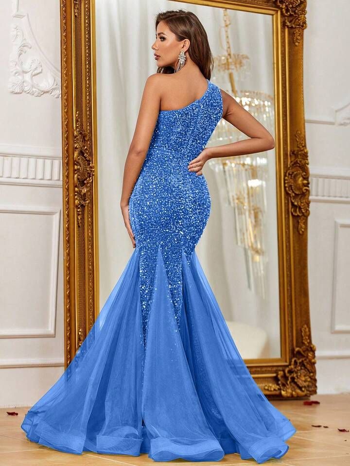 One Shoulder Mesh Mermaid Hem Sequin Formal Dress | SHEIN USA Prom Mermaid Dress With Sweep Train, Mermaid Dress For Prom And Party Season, Mermaid Banquet Dress With Sweep Train, Mermaid Dress For Prom Season Banquet, Mermaid Dress For Banquet And Prom Season, Glamorous Mermaid Gown For Homecoming, Sequin Mermaid Bridesmaid Dress For Prom, Mermaid Dress For Banquet During Prom Season, Sequin Mermaid Dress For Bridesmaid Prom