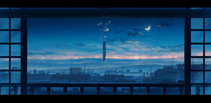 an open window looking out onto the city skyline at night with stars and crescents in the sky