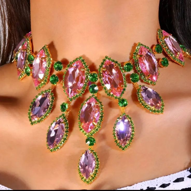 Beautiful Pink And Green Rhinestone Necklace In Gold Color Setting. New Never Worn. Elegant Pink Rhinestone Necklace For Party, Elegant Pink Rhinestone Party Necklace, Pink Rhinestone Jeweled Necklace For Parties, Pink Jeweled Rhinestone Necklace For Party, Glamorous Pink Rhinestone Necklace For Party, Elegant Pink Crystal Necklace For Party, Pink Crystal Jewelry With Jewels, Pink Crystal Rhinestone Necklace For Wedding, Pink Rhinestone Necklace For Party