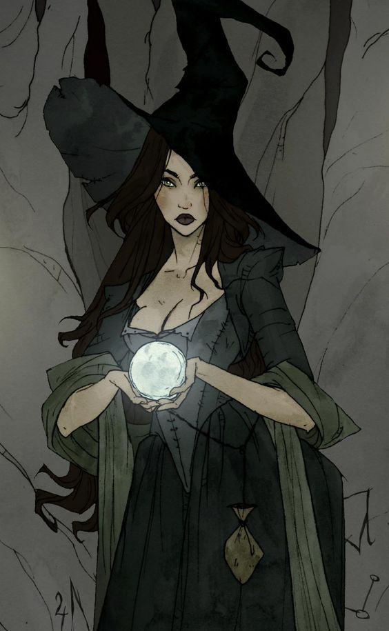 a woman in a witches costume holding a ball