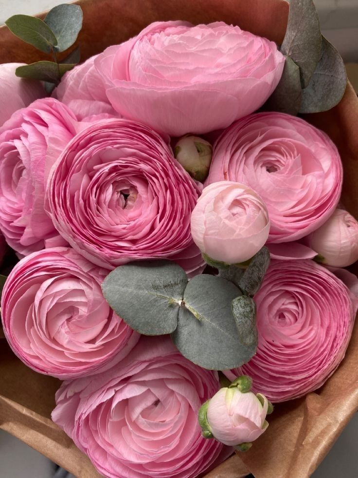 a bouquet of pink roses and eucalyptus leaves