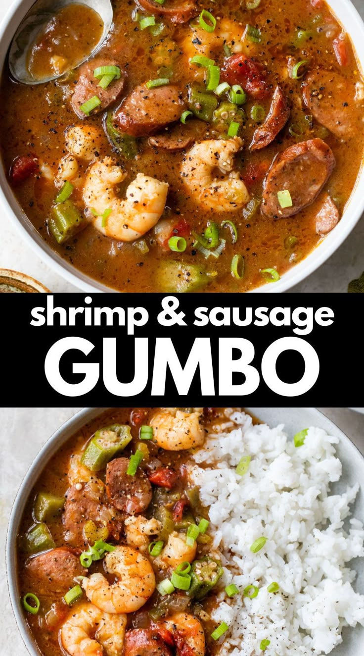 shrimp and sausage gumbo in a bowl with rice