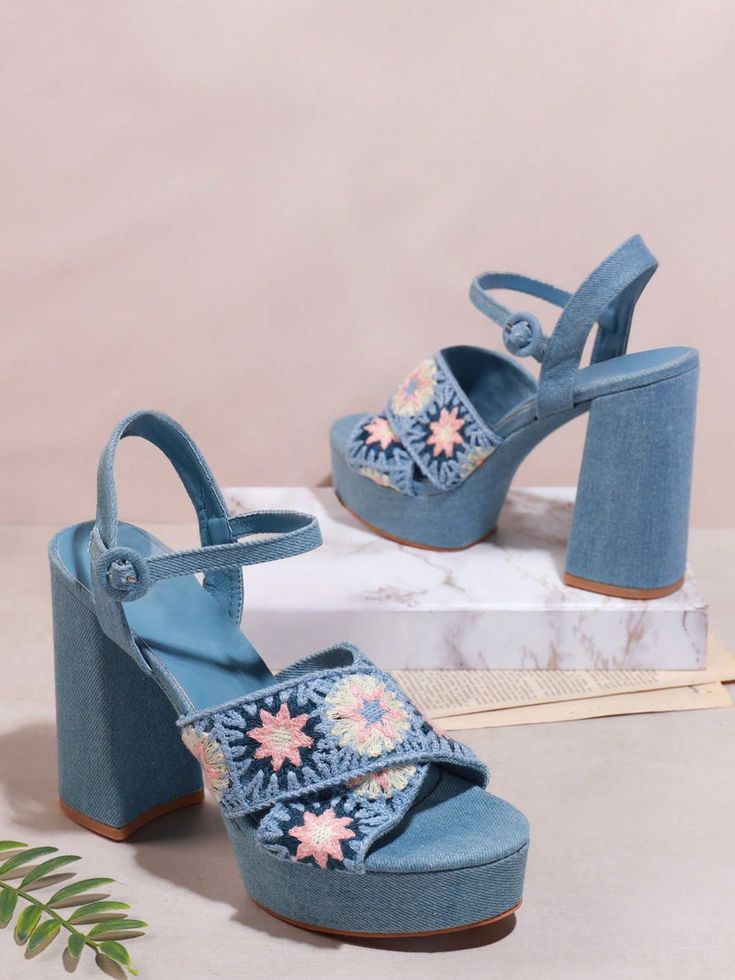 Floral Beauty: Women's Blue High Heel Sandals with Floral Pattern Desi Trendy Fabric Heels For Summer, Summer Trendy Fabric Heels, Trendy Summer Fabric Heels, Summer Floral Print Wedge Heel Sandals, Fabric High Heel Platform Sandals, High Heel Fabric Platform Sandals, Fabric Platform High Heel Sandals, Light Blue High Heel Sandals For Summer, Light Blue Round Toe Sandals For Summer