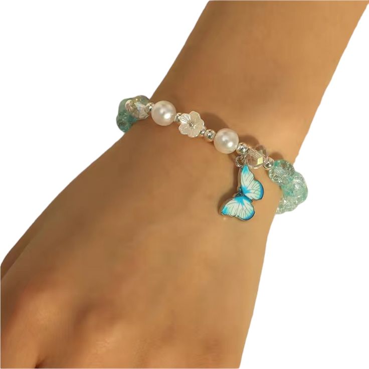 Pop Glass Light Blue/Green Beaded Stretch Bracelet. Butterfly Charm With Faux Pearl And Silver Bead Accents. Pink Bracelet Is For Measurement Purposes. Nwot! Casual Adjustable Blue Pearl Bracelet, Trendy Blue Beaded Bracelets For Party, Casual Glass Beaded Bracelets, Light Blue Beaded Casual Jewelry, Blue Bracelets With Round Beads For Fashion, Casual Light Blue Jewelry With Colorful Beads, Blue Glass Beaded Bracelets For Beach, Blue Bohemian Pearl Bracelet With Colorful Beads, Casual Blue Pearl Bracelet With Round Beads