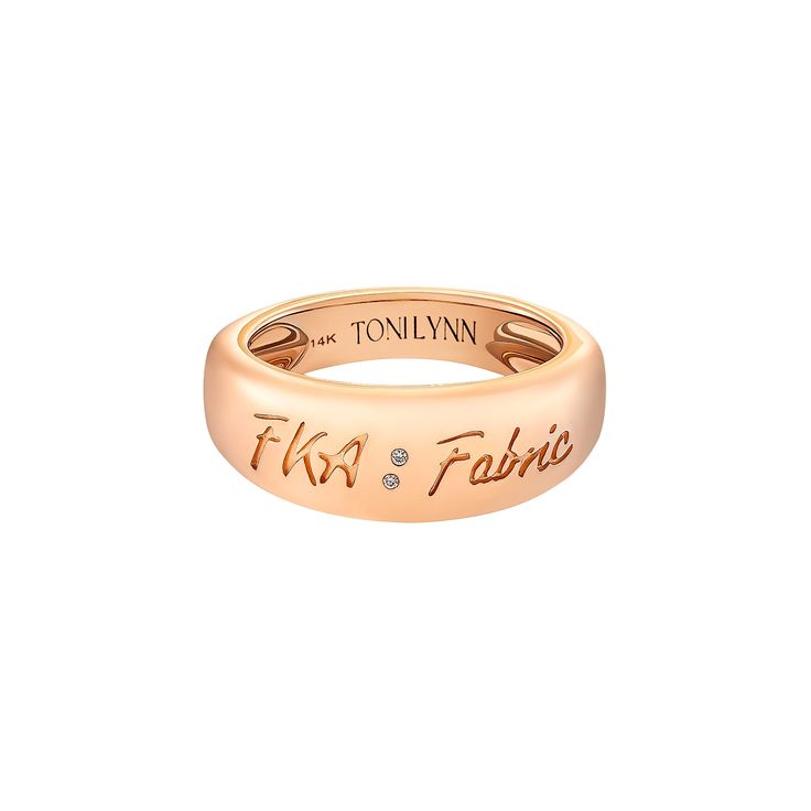 14K Gold; Available in Yellow, Rose, and White Gold High Polished Solid Gold Dome Ring with Custom Engraving. FKA is an acronym that means Formerly Known As. For my 1 year wedding anniversary I was inspired to create a gift for myself that would mark the special occasion. I love my maiden name so I found a way to always carry it with me! This ring makes the perfect wedding or anniversary gift for someone who recently changed their last name. It can also be customized to say anything to fit any occasion. Front Width: 6.5mm Back Width: tapered to 3.5mm Diamond Details: Natural Round Diamonds 0.8mm x 0.8mm x 0.5mm Approx 5.3g Engraving and ring size can be customized. Email info@tonilynnjewelry.com Luxury Rose Gold Rings Stamped 14k, Engraved Rose Gold Diamond Ring For Wedding, Luxury Rose Gold Engraved Promise Ring, Elegant Rose Gold Engraved Ring Stamped 14k, Rose Gold Diamond Engraved Ring For Wedding, Rose Gold Diamond Engraved Wedding Ring, Wedding Rose Gold Diamond Engraved Ring, Luxury 14k Rose Gold Engraved Ring, Engraved 14k Rose Gold Diamond Ring