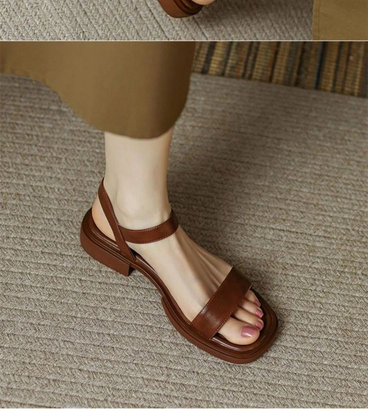 Olivia Mark - Comfortable Slip-On Sandals with Flat Sole and Square Toe for Outdoor Wear Elegant Chunky Heels, Summer Wear For Women, Strap Sandals Flat, Fairy Shoes, Roman Sandals, Slingback Shoes, Brown Heels, White Sandals, Fashion Sandals