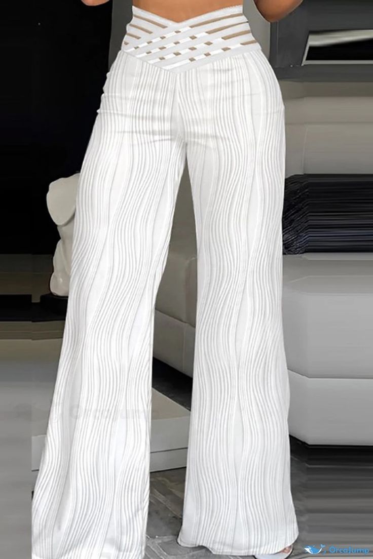 OrcaJump - Classic High-Waisted Patchwork Trousers in Cowboy Blue White Non-stretch High Waist Bottoms, Non-stretch High Waist White Bottoms, White Non-stretch Mid-rise Bottoms, White High-waist Non-stretch Bottoms, Casual White Mid-rise Wide Leg Pants, Patchwork Trousers, Cowboy, Blue And White, Trousers