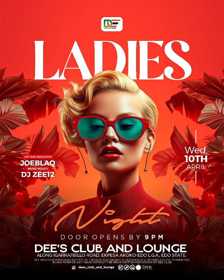 a poster for ladies night featuring a woman wearing sunglasses