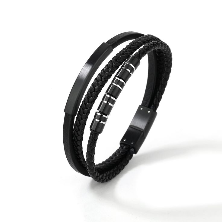 Crafted from high-quality genuine leather and black-plated stainless steel, the Nightfall Leather Bracelet combines rugged durability with sleek style. The bracelet features a braided leather design and striking black-plated stainless steel accents. With an approximate size of 14mm in width and 8.0 inches in length, this bracelet offers a perfect fit and modern elegance. Ideal for everyday wear or special occasions, it adds a touch of urban style to any outfit. * ＤＥＴＡＩＬＳ - Material: High-quality Black Metal Bracelet With Stainless Steel Clasp, Black Stainless Steel Wristband, Black Leather And Stainless Steel Adjustable Bracelet, Modern Leather Bracelet With Metal Black Band, Black Leather Bracelet With Stainless Steel Clasp As Gift, Modern Leather Bracelet With Black Band, Modern Metal Leather Bracelet With Black Band, Gift Black Leather Bracelet With Stainless Steel Clasp, Black Stainless Steel Bracelet Wristband