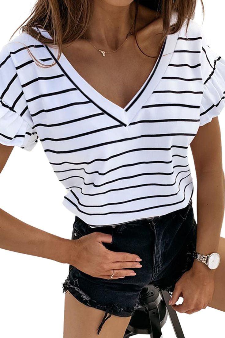 White Stripe V-neck Short Sleeve T Shirt Casual White V-neck Top, Casual White V-neck Short Sleeve Top, White V-neck Casual Top, White V-neck T-shirt For Summer, White Cotton V-neck Top For Summer, White V-neck Short Sleeve Top For Summer, White V-neck Summer Top, Chic White V-neck T-shirt, Contrast Collar