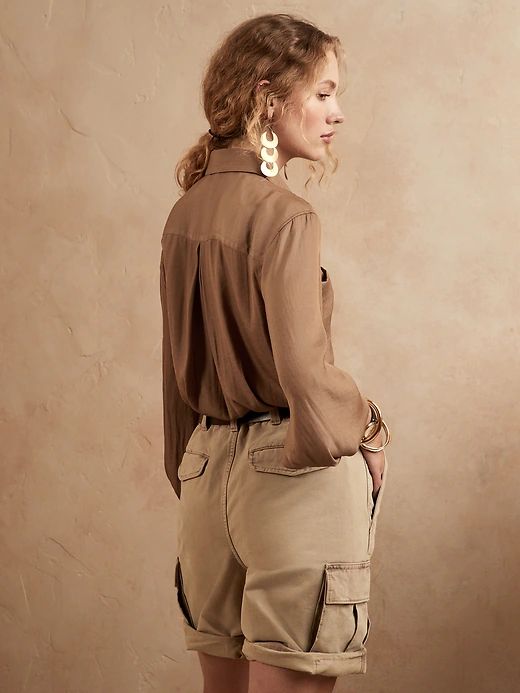 Balloon-Sleeve Safari Shirt | Banana Republic Khaki Long Sleeve Tops With Patch Pockets, Solid Color Long Sleeve Tops With Patch Pockets, Solid Long Sleeve Tops With Patch Pockets, Chic Tops With Patch Pockets For Fall, Chic Fall Tops With Patch Pockets, Summer Long Sleeve Tops With Flap Pockets, Long Sleeve Summer Tops With Flap Pockets, Long Sleeve Tops With Flap Pockets For Summer, Elegant Button-up Top With Flap Pockets