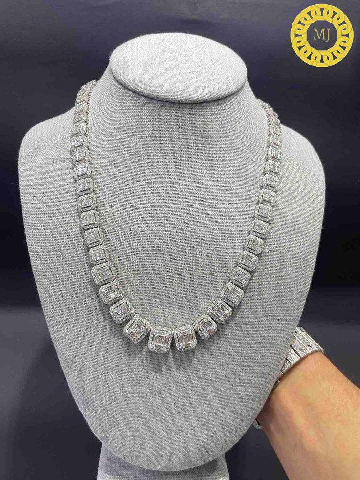 "Heavy Solid 925 Sterling Silver Baguette VVS1 Moissanite Diamonds Miami Cuban Curb Chain Anti-Tarnish 12 mm wide 16\"-28\" Inch\" All Sizes ( Available Message For Size And MM sizes Price will Vary ) Fine Quality Box Lock Clasp, Moissanite studed Pass The Diamond Tester Test - 25-40Ct VVS1 Quality Moissanite studded/White D colour Super ICY you have to see to believe!! GRA certified SOLID 925 Sterling silver...finished in rhodium for a shiny ICY look Not plated or filled...this is SOLID silver Luxury Silver Baguette-cut Diamond Necklace, Luxury Silver Baguette Cut Diamond Necklace, Silver Moissanite Jewelry With Baguette Diamonds, Silver Baguette Cut Crystal Jewelry, White Gold Moissanite Jewelry With Baguette Diamonds, Silver Crystal Jewelry With Baguette Cut, Rectangular Silver Jewelry With Baguette Diamonds, Silver Rectangular Jewelry With Baguette Diamonds, Luxury Silver Jewelry With Baguette Diamonds