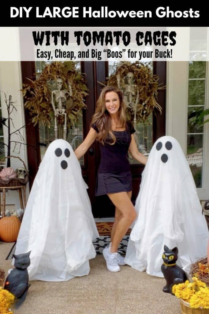 a woman standing in front of two fake ghost heads with text overlay reading diy large halloween ghosts with tomato cages easy, cheap and big boos for your