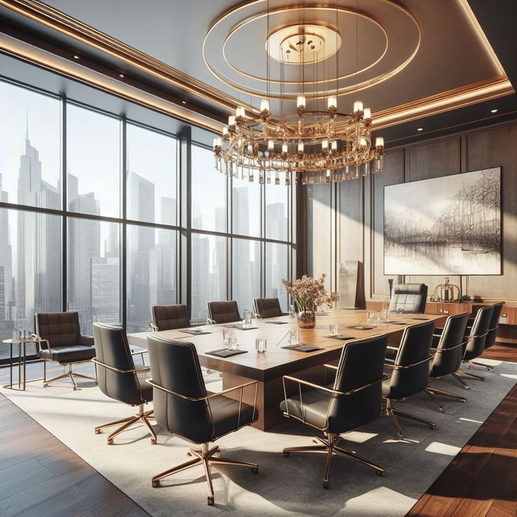 a large conference table with black chairs and a chandelier