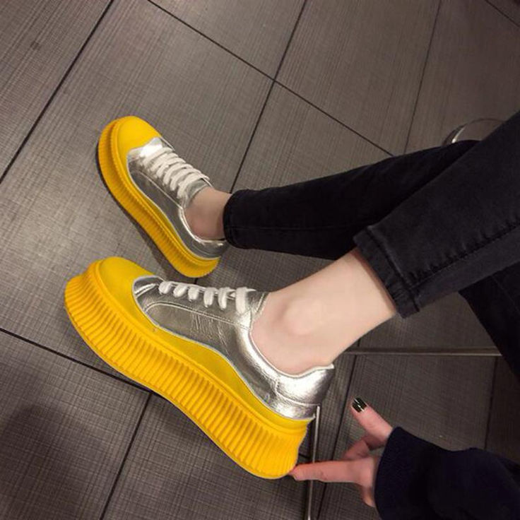 Upper Material: PU Insole Material: Rubber Season: Spring/Autumn Department Name: Adult Heel Height: High (5cm-8cm) Fit: Fits smaller than usual. Please check this store's sizing info Closure Type: Lace-Up Pattern Type: Solid Fashion Element: Bling Lining Material: PVC Yellow Sneakers With Round Toe For Fall, Yellow Leather Sneakers For Summer, Yellow Low-top Sneakers For Fall, Yellow Low-top Fall Sneakers, Yellow Fall Sneakers With Round Toe, Trendy Yellow Sneakers For Spring, Fall Yellow Low-top Sneakers, Trendy Yellow Platform Sneakers, Yellow Synthetic Flat Sneakers