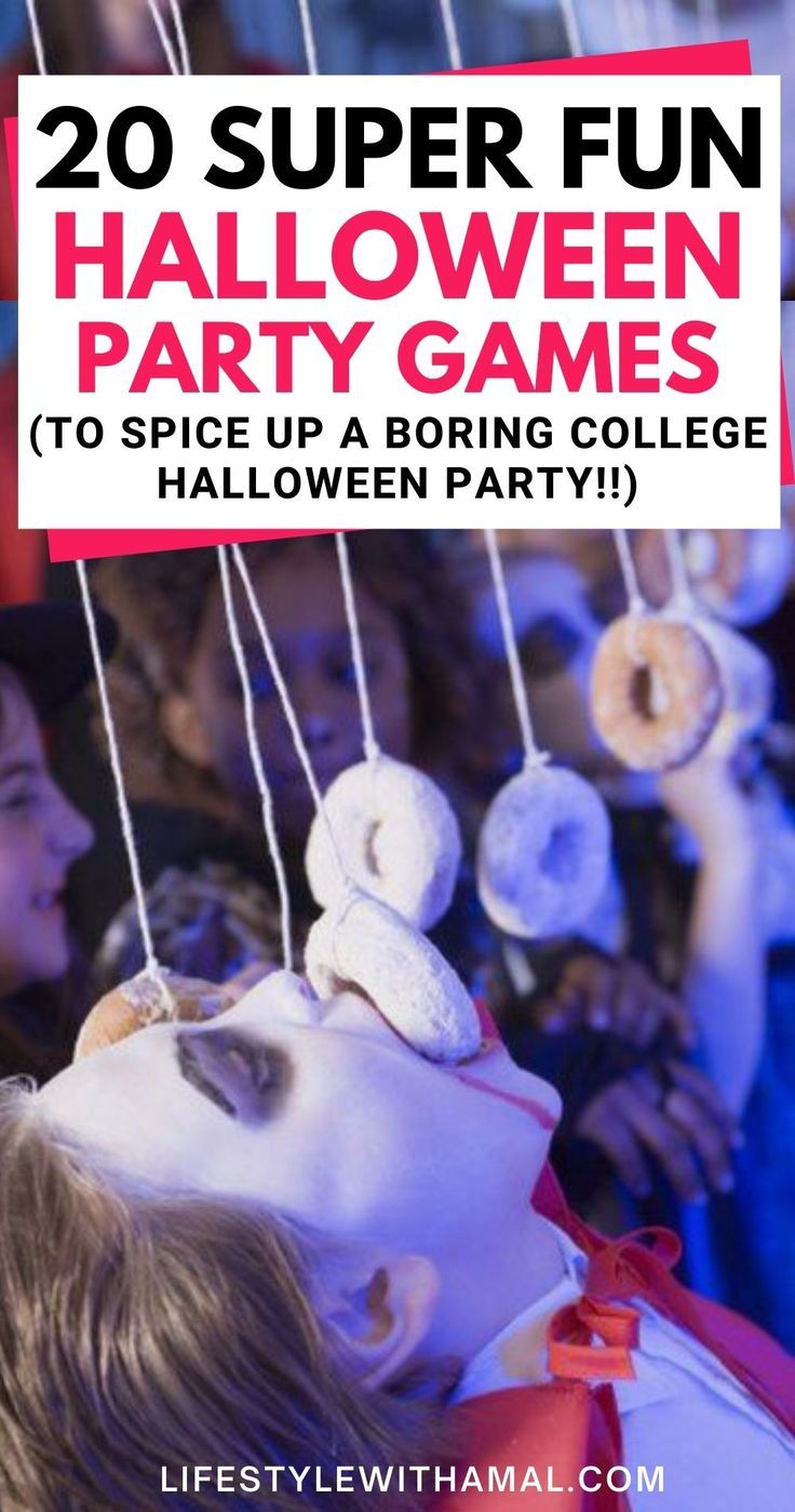 a group of kids hanging on strings with text overlay that reads 20 super fun halloween party games to spice up a boring college halloween party