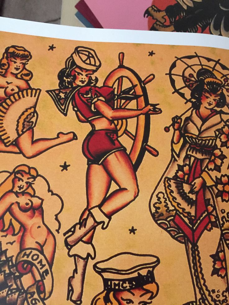 an old school sailor girl tattoo design on a sheet of paper with other tattoos and body art