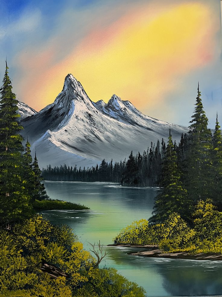 an oil painting of a mountain lake and trees