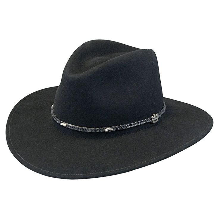 -Made In The Usa -Pinch Front Crown -3 1/8 Inch Brim -Leather Hat Band -Black Wool Felt Black Western Hat For Riding, Black Western Riding Hat, Classic Black Riding Hat, Classic Black Felt Hat For Rodeo, Classic Black Hat Bands For Western-themed Events, Black Wide-brim Riding Hat, Black Leather Hat Bands For Rodeo, Black Wide Brim Riding Hat, Classic Black Hat Bands For Ranch