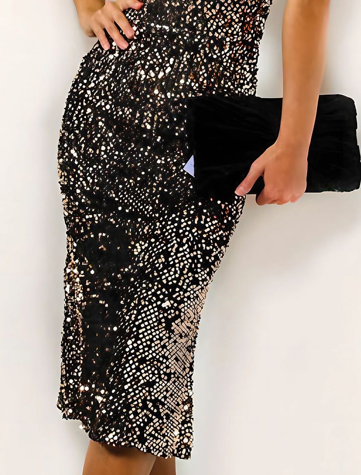 Women Sequin Dress Party Dress Sparkly Dress Homecoming Dress Bodycon Midi Dress Black Short Sleeve Fall Spring Summer Stand Collar Office Black Cocktail Dress Spring Night Out Pencil Dress, Glamorous Knee-length Bodycon Dress For Night Out, Fitted Knee-length Sequin Skirt, Party Season Midi-length Skirt, Knee-length Evening Skirt For Party Season, Evening Knee-length Skirt For Party Season, Knee-length Skirt For Evening Party Season, Knee-length Bodycon Dress For Date Night Party Season, Elegant Bodycon Skirt For Party