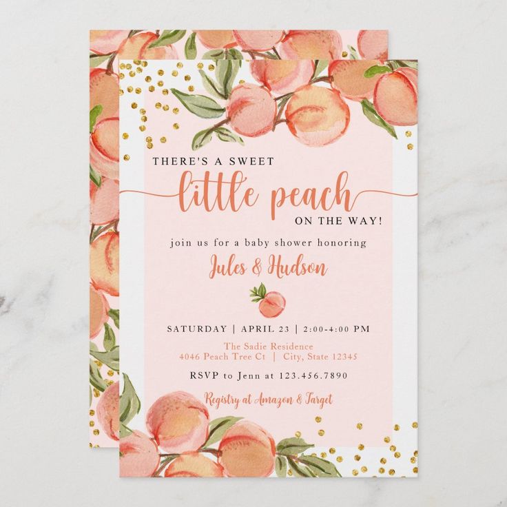 a pink and gold baby shower with peaches on it