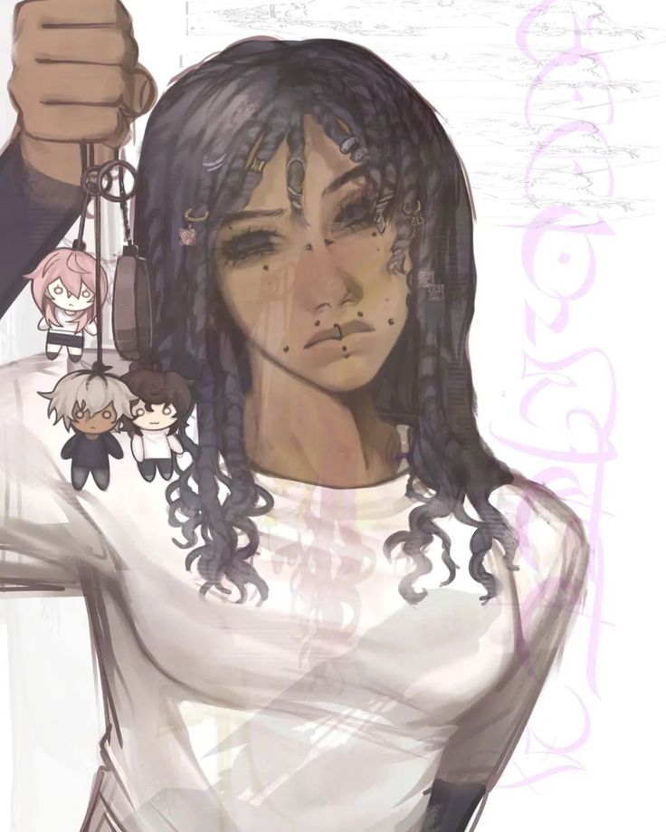 a drawing of a woman with long hair holding an object in one hand and looking at the camera